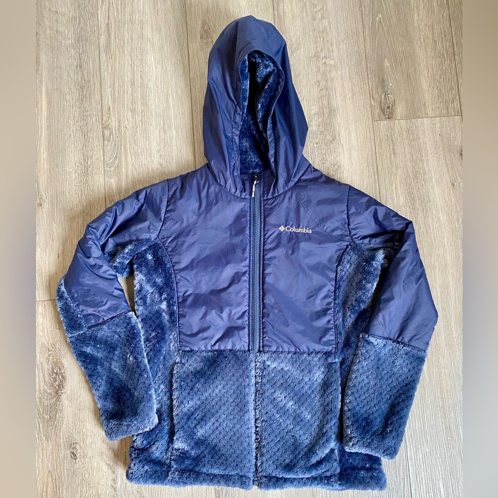 Columbia Girls Fire Side Sherpa Hybrid Hooded Fleece Jacket Blue Size 14/16 (L)